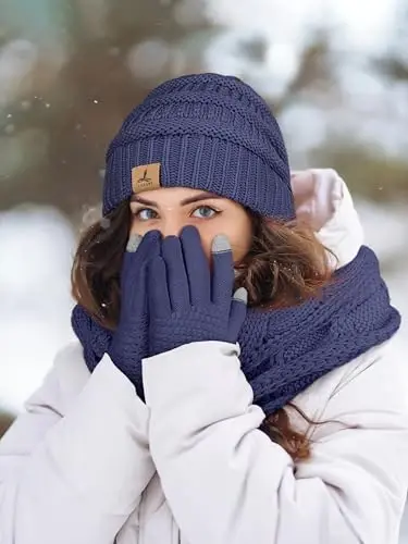 Winter Beanie Hat Scarf Gloves, Warm Fleece Knit Hats Touch Screen Gloves Neck Scarf Set Winter Gifts for Unisex Adult - 6