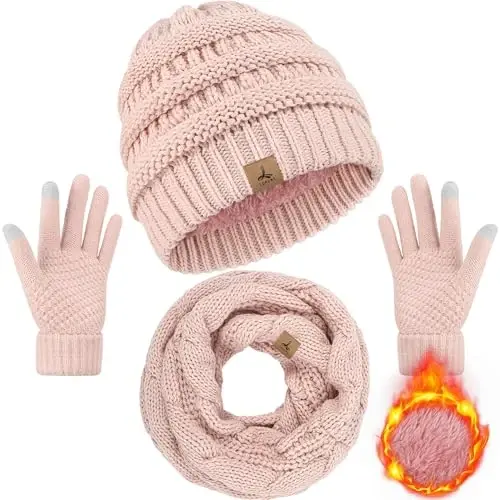 Winter Beanie Hat Scarf Gloves, Warm Fleece Knit Hats Touch Screen Gloves Neck Scarf Set Winter Gifts for Unisex Adult - 1