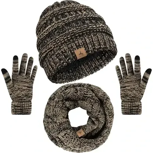 Winter Beanie Hat Scarf Gloves, Warm Fleece Knit Hats Touch Screen Gloves Neck Scarf Set Winter Gifts for Unisex Adult 