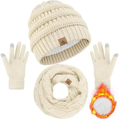 Winter Beanie Hat Scarf Gloves, Warm Fleece Knit Hats Touch Screen Gloves Neck Scarf Set Winter Gifts for Unisex Adult - 1