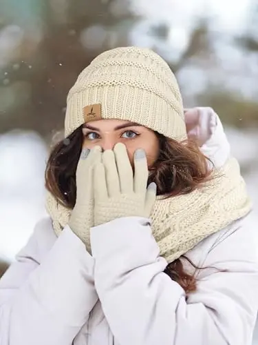 Winter Beanie Hat Scarf Gloves, Warm Fleece Knit Hats Touch Screen Gloves Neck Scarf Set Winter Gifts for Unisex Adult - 6