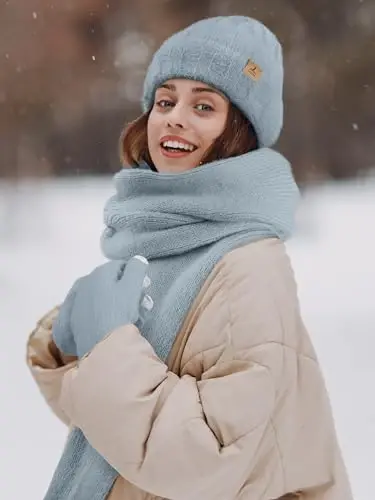 Winter Beanie Hat Scarf Gloves, Warm Fleece Knit Hat Long Scarf Neck Warmer Touch Screen Winter Gloves Set Gifts for Women - 6