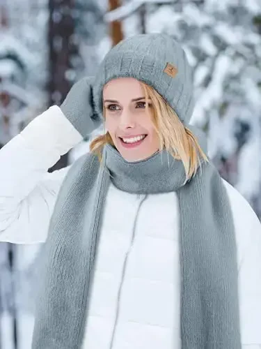 Winter Beanie Hat Scarf Gloves, Warm Fleece Knit Hat Long Scarf Neck Warmer Touch Screen Winter Gloves Set Gifts for Women - 5