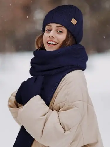 Winter Beanie Hat Scarf Gloves, Warm Fleece Knit Hat Long Scarf Neck Warmer Touch Screen Winter Gloves Set Gifts for Women - 6