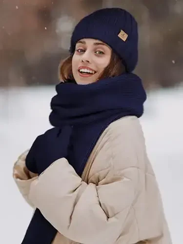 Winter Beanie Hat Scarf Gloves, Warm Fleece Knit Hat Long Scarf Neck Warmer Touch Screen Winter Gloves Set Gifts for Women - 6
