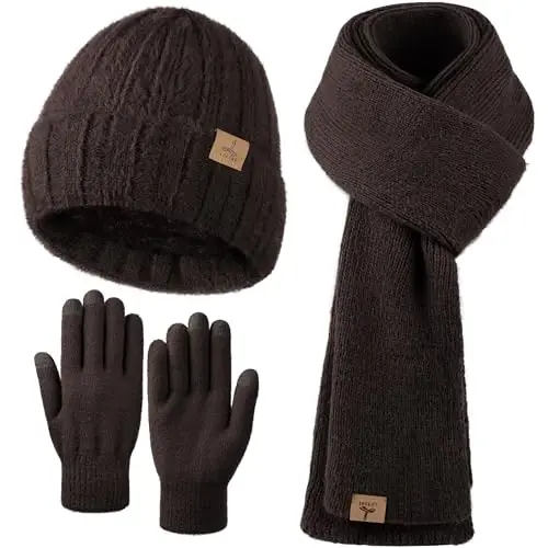 Winter Beanie Hat Scarf Gloves, Warm Fleece Knit Hat Long Scarf Neck Warmer Touch Screen Winter Gloves Set Gifts for Women - LOROME