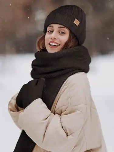 Winter Beanie Hat Scarf Gloves, Warm Fleece Knit Hat Long Scarf Neck Warmer Touch Screen Winter Gloves Set Gifts for Women - 6