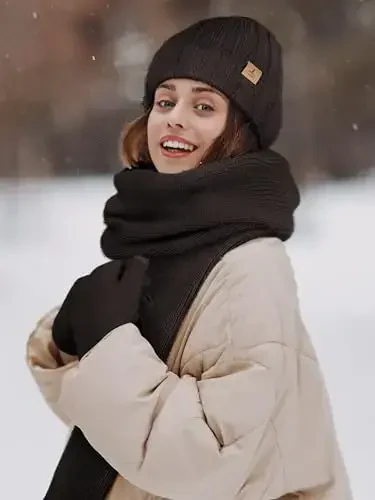 Winter Beanie Hat Scarf Gloves, Warm Fleece Knit Hat Long Scarf Neck Warmer Touch Screen Winter Gloves Set Gifts for Women - 6