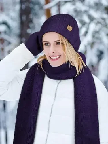 Winter Beanie Hat Scarf Gloves, Warm Fleece Knit Hat Long Scarf Neck Warmer Touch Screen Winter Gloves Set Gifts for Women - 5