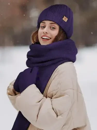 Winter Beanie Hat Scarf Gloves, Warm Fleece Knit Hat Long Scarf Neck Warmer Touch Screen Winter Gloves Set Gifts for Women - 6