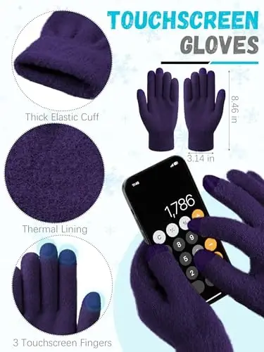 Winter Beanie Hat Scarf Gloves, Warm Fleece Knit Hat Long Scarf Neck Warmer Touch Screen Winter Gloves Set Gifts for Women - 4