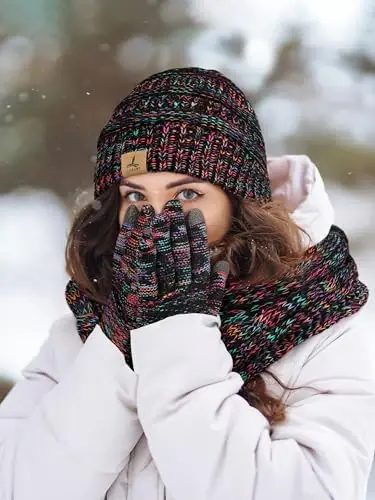 Winter Beanie Hat Scarf Gloves, Warm Fleece Knit Hats Touch Screen Gloves Neck Scarf Set Winter Gifts for Unisex Adult - 6