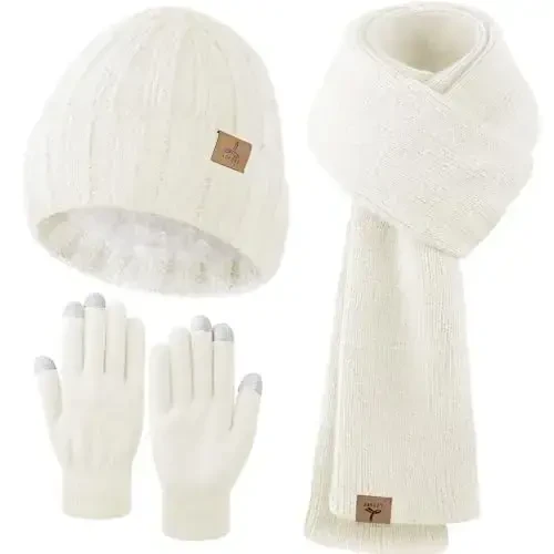 Winter Beanie Hat Scarf Gloves, Warm Fleece Knit Hat Long Scarf Neck Warmer Touch Screen Winter Gloves Set Gifts for Women - 1