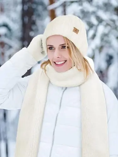 Winter Beanie Hat Scarf Gloves, Warm Fleece Knit Hat Long Scarf Neck Warmer Touch Screen Winter Gloves Set Gifts for Women - 5