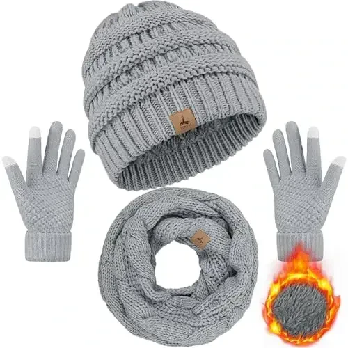 Winter Beanie Hat Scarf Gloves, Warm Fleece Knit Hats Touch Screen Gloves Neck Scarf Set Winter Gifts for Unisex Adult - 1