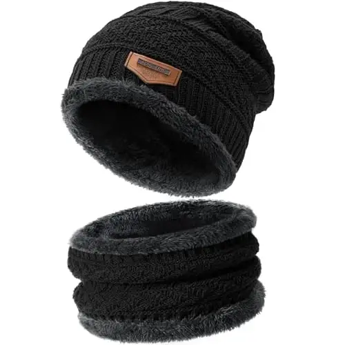 Winter Beanie Hat Circle Scarves Touchscreen Gloves Set, Warm Thick Fleece Lined Skull Cap Gloves Neck Warmer for Women Men - 1