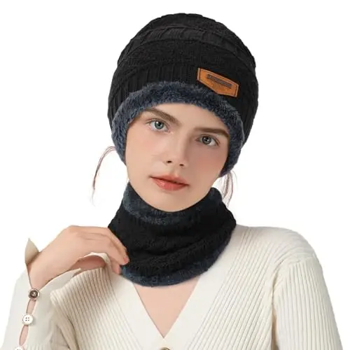 Winter Beanie Hat Circle Scarves Touchscreen Gloves Set, Warm Thick Fleece Lined Skull Cap Gloves Neck Warmer for Women Men - 2