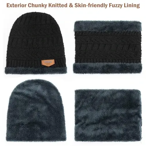 Winter Beanie Hat Circle Scarves Touchscreen Gloves Set, Warm Thick Fleece Lined Skull Cap Gloves Neck Warmer for Women Men - 4