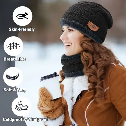 Winter Beanie Hat Circle Scarves Touchscreen Gloves Set, Warm Thick Fleece Lined Skull Cap Gloves Neck Warmer for Women Men - 5