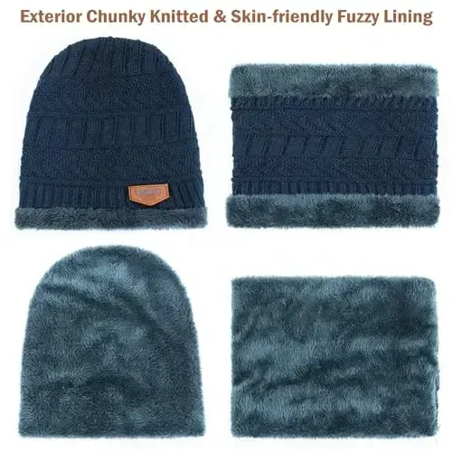 Winter Beanie Hat Circle Scarves Touchscreen Gloves Set, Warm Thick Fleece Lined Skull Cap Gloves Neck Warmer for Women Men - 4