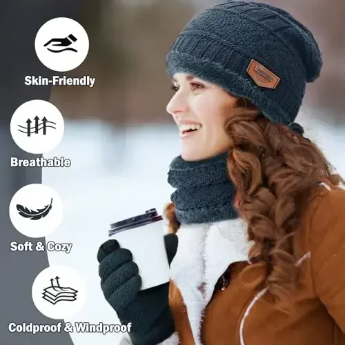 Winter Beanie Hat Circle Scarves Touchscreen Gloves Set, Warm Thick Fleece Lined Skull Cap Gloves Neck Warmer for Women Men - 6