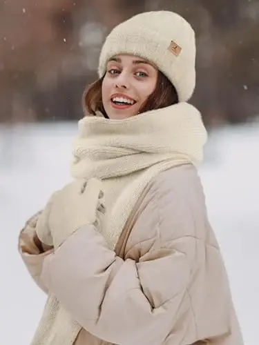 Winter Beanie Hat Scarf Gloves, Warm Fleece Knit Hat Long Scarf Neck Warmer Touch Screen Winter Gloves Set Gifts for Women - 6