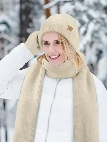 Winter Beanie Hat Scarf Gloves, Warm Fleece Knit Hat Long Scarf Neck Warmer Touch Screen Winter Gloves Set Gifts for Women - 5