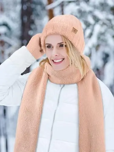 Winter Beanie Hat Scarf Gloves, Warm Fleece Knit Hat Long Scarf Neck Warmer Touch Screen Winter Gloves Set Gifts for Women - 5