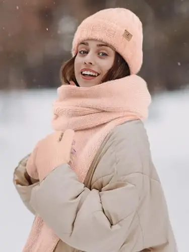 Winter Beanie Hat Scarf Gloves, Warm Fleece Knit Hat Long Scarf Neck Warmer Touch Screen Winter Gloves Set Gifts for Women - 6