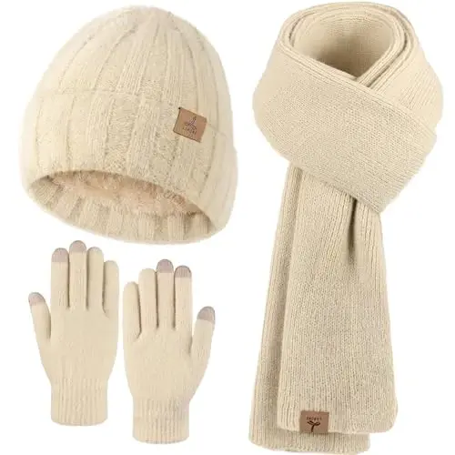 Winter Beanie Hat Scarf Gloves, Warm Fleece Knit Hat Long Scarf Neck Warmer Touch Screen Winter Gloves Set Gifts for Women - 1