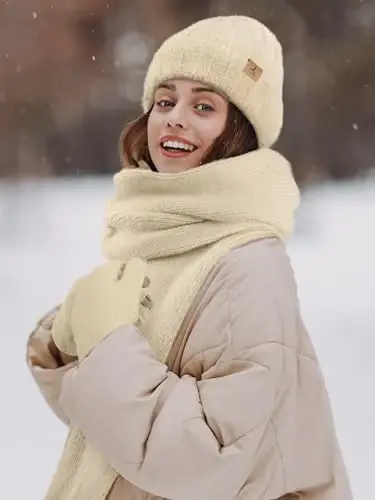 Winter Beanie Hat Scarf Gloves, Warm Fleece Knit Hat Long Scarf Neck Warmer Touch Screen Winter Gloves Set Gifts for Women - 6