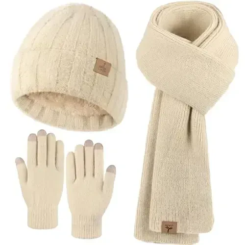 Winter Beanie Hat Scarf Gloves, Warm Fleece Knit Hat Long Scarf Neck Warmer Touch Screen Winter Gloves Set Gifts for Women - 1