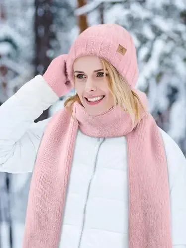 Winter Beanie Hat Scarf Gloves, Warm Fleece Knit Hat Long Scarf Neck Warmer Touch Screen Winter Gloves Set Gifts for Women - 5