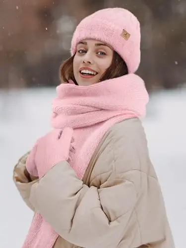 Winter Beanie Hat Scarf Gloves, Warm Fleece Knit Hat Long Scarf Neck Warmer Touch Screen Winter Gloves Set Gifts for Women - 6