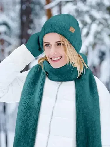 Winter Beanie Hat Scarf Gloves, Warm Fleece Knit Hat Long Scarf Neck Warmer Touch Screen Winter Gloves Set Gifts for Women - 5