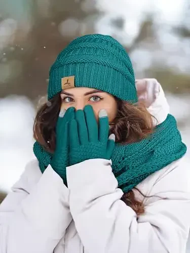 Winter Beanie Hat Scarf Gloves, Warm Fleece Knit Hats Touch Screen Gloves Neck Scarf Set Winter Gifts for Unisex Adult - 6