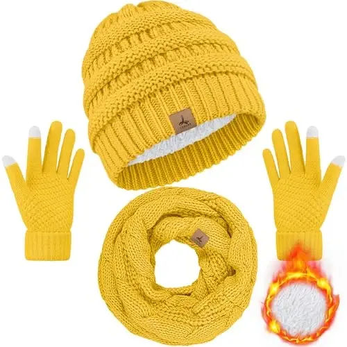 Winter Beanie Hat Scarf Gloves, Warm Fleece Knit Hats Touch Screen Gloves Neck Scarf Set Winter Gifts for Unisex Adult - 1