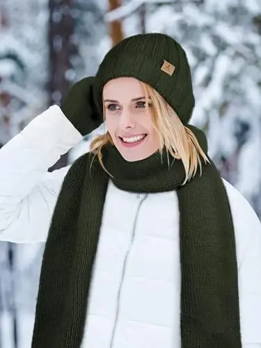 Winter Beanie Hat Scarf Gloves, Warm Fleece Knit Hat Long Scarf Neck Warmer Touch Screen Winter Gloves Set Gifts for Women - 5
