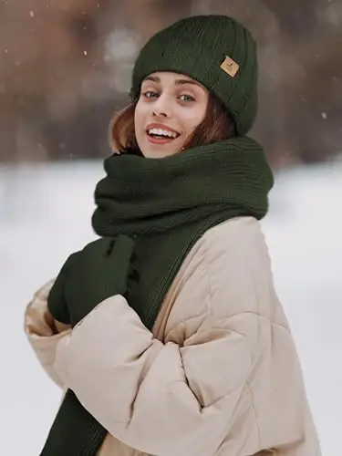 Winter Beanie Hat Scarf Gloves, Warm Fleece Knit Hat Long Scarf Neck Warmer Touch Screen Winter Gloves Set Gifts for Women - 6