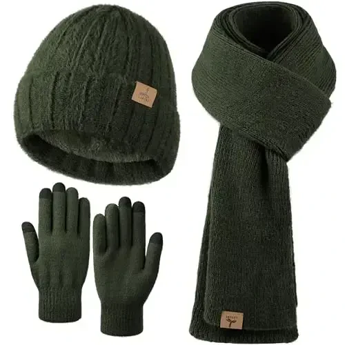 Winter Beanie Hat Scarf Gloves, Warm Fleece Knit Hat Long Scarf Neck Warmer Touch Screen Winter Gloves Set Gifts for Women - LOROME