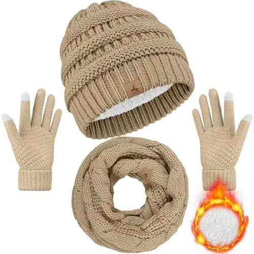 Winter Beanie Hat Scarf Gloves, Warm Fleece Knit Hats Touch Screen Gloves Neck Scarf Set Winter Gifts for Unisex Adult - 4
