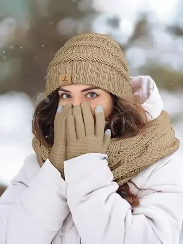 Winter Beanie Hat Scarf Gloves, Warm Fleece Knit Hats Touch Screen Gloves Neck Scarf Set Winter Gifts for Unisex Adult - 6