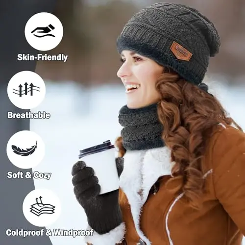 Winter Beanie Hat Circle Scarves Touchscreen Gloves Set, Warm Thick Fleece Lined Skull Cap Gloves Neck Warmer for Women Men - 6