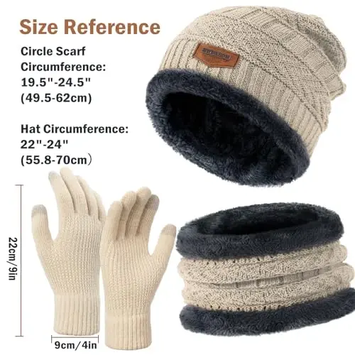 Winter Beanie Hat Circle Scarves Touchscreen Gloves Set, Warm Thick Fleece Lined Skull Cap Gloves Neck Warmer for Women Men - 3