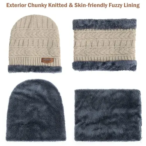 Winter Beanie Hat Circle Scarves Touchscreen Gloves Set, Warm Thick Fleece Lined Skull Cap Gloves Neck Warmer for Women Men - 4