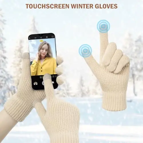 Winter Beanie Hat Circle Scarves Touchscreen Gloves Set, Warm Thick Fleece Lined Skull Cap Gloves Neck Warmer for Women Men - 5