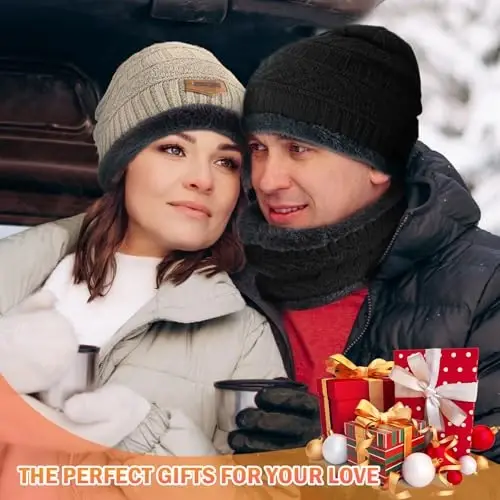 Winter Beanie Hat Circle Scarves Touchscreen Gloves Set, Warm Thick Fleece Lined Skull Cap Gloves Neck Warmer for Women Men - 7