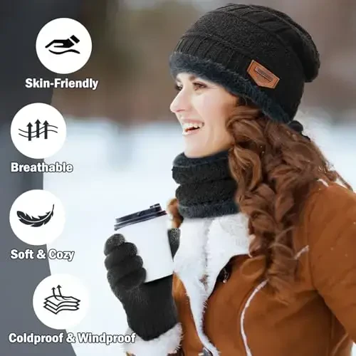 Winter Beanie Hat Circle Scarves Touchscreen Gloves Set, Warm Thick Fleece Lined Skull Cap Gloves Neck Warmer for Women Men - 6