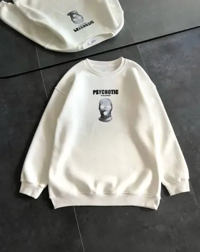 Kışlık Bisiklet Yaka Baskılı SweatShirt - Beyaz - BÜYÜKBEDENIZ (1)