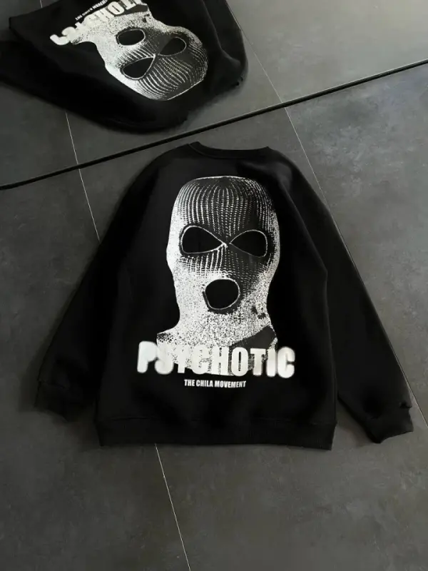 Kışlık Bisiklet Yaka Baskılı SweatShirt - Siyah - BÜYÜKBEDENIZ